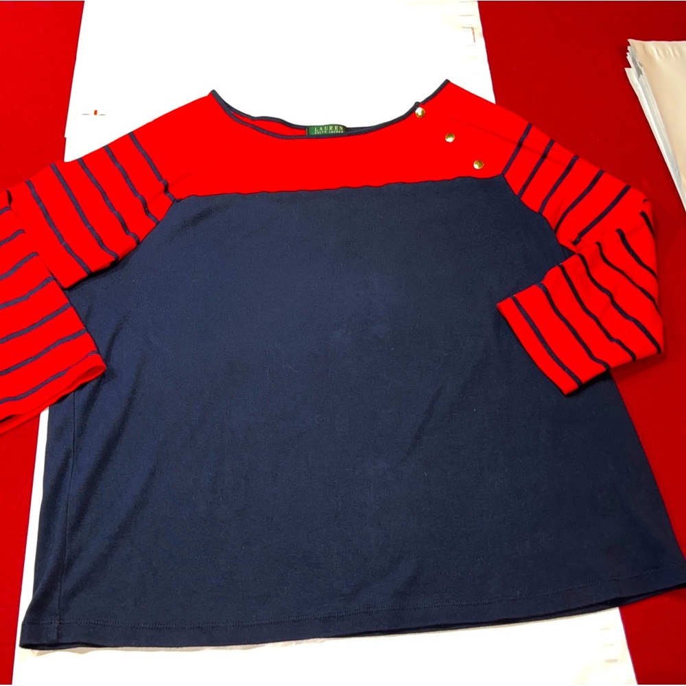 Ralph Lauren RED BLUE STRIPED SHIRT CL Cotton Knit GOLDEN BUTTON 3/4 sleeves XL